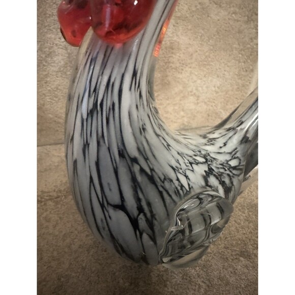 Art Glass Black White Rooster Hand Blown Sculpture Statue 8"h x 7.5"w - Picture 3 of 6